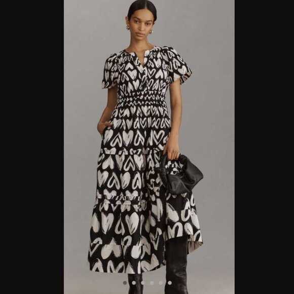 New M By Anthropologie The Somerset maxi dress black & white hearts